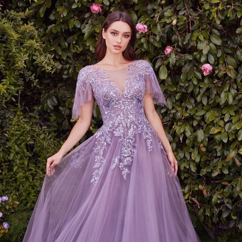 NEW LONG FORMAL A-LINE FLORAL LACE EMBELLISHED TULLE GOWN W/ V-NECK CD A1351